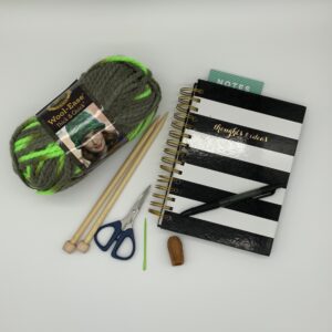 Yarn, Knitting Needles, Scissors, Tapestry Needle, Thimble 