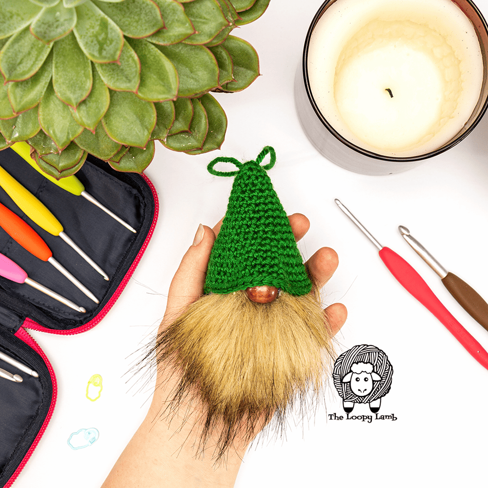 crochet gnome ornament made with faux fur pompom