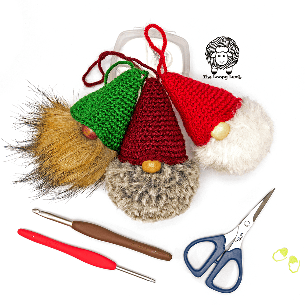 Crochet gnome ornaments with clover usa tools