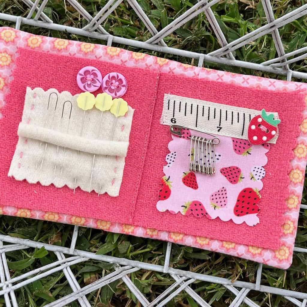 Sewing Needle Book, Green Felt and Pink Fabric Hand Embroidered Needlecraft  Gift 